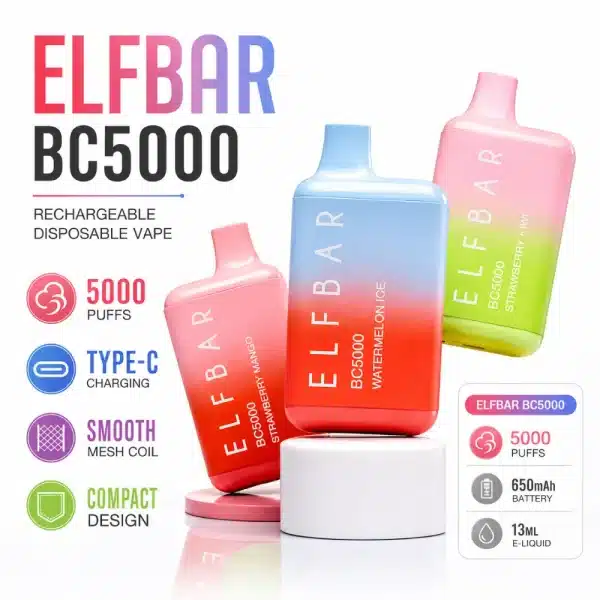 ElfBar BC5000 Vape 5000 Puffs rechargeable vape with product features and specifications