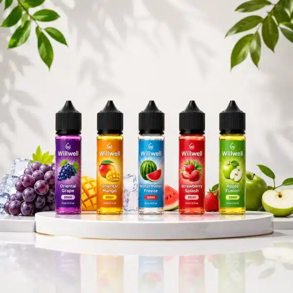 Willwell e-liquid flavors including Oriental Grape, Oriental Mango, Watermelon Freeze, Strawberry Splash and Apple Fusion