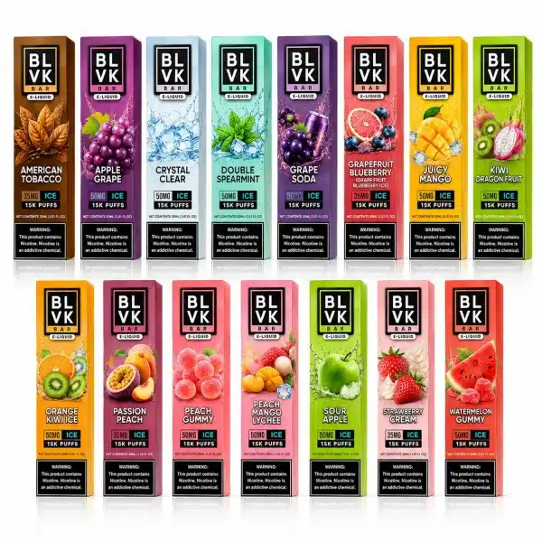 BLVK Vape Juice E-Liquid 15 flavors including American Tobacco, Apple Grape, Juicy Mango, Sour Apple and Watermelon Gummy
